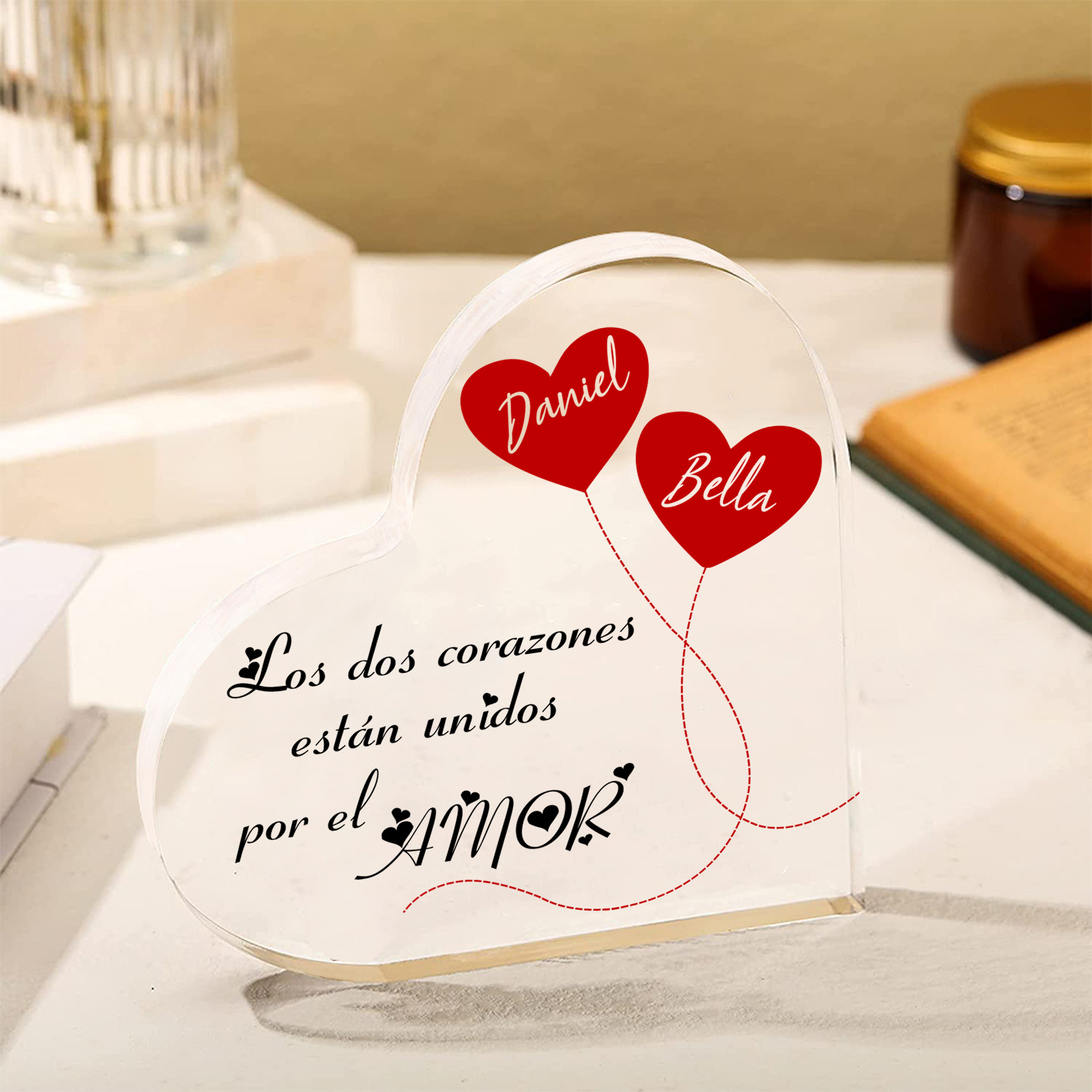 Placa de acrílico en forma de corazón de pareja con corazón 2 nombres personalizados | Jessemade