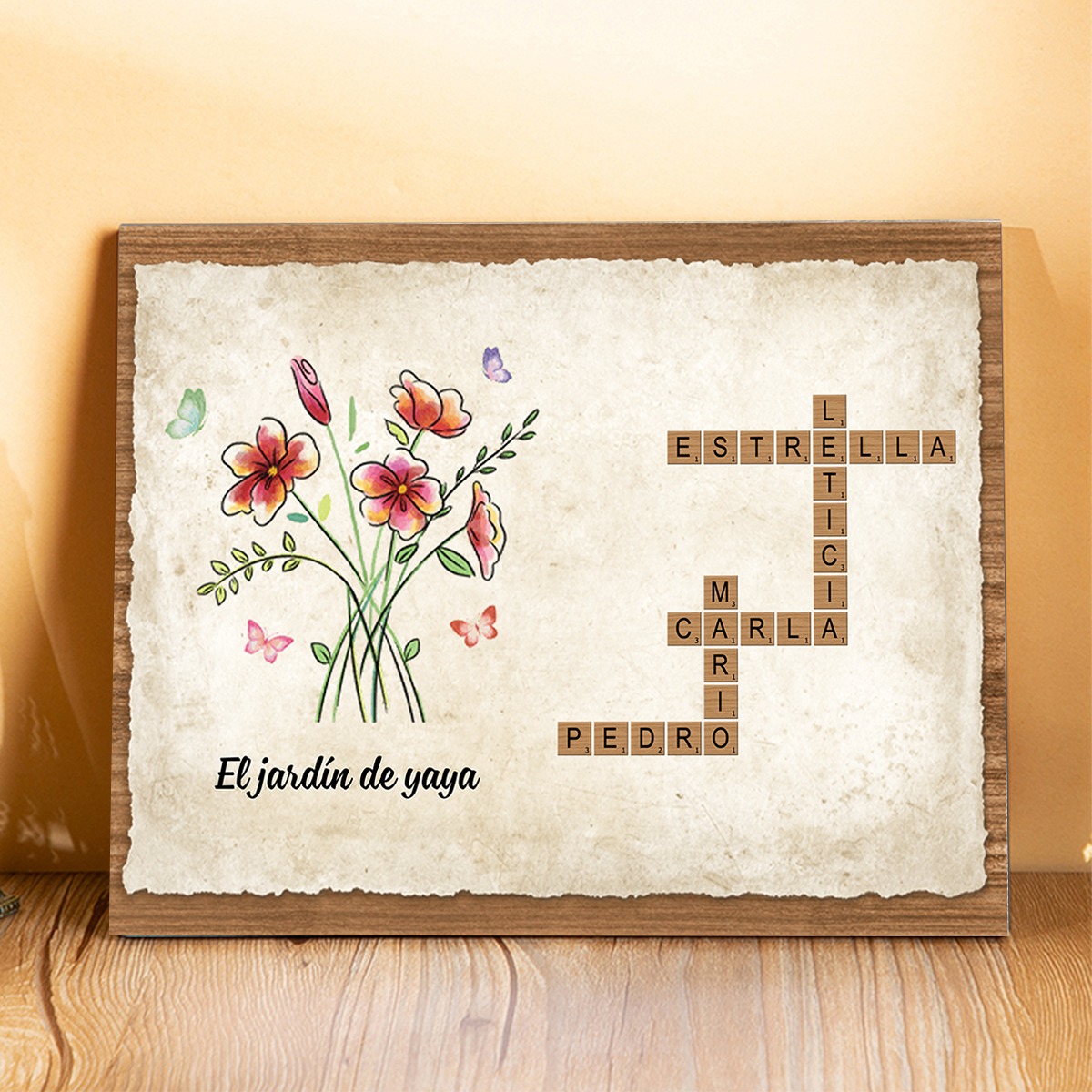 Lámina de Madera "A Mi Abuela" – Personalizada con Crucigrama, 1-12 Nombres y Flores de Nacimiento | Jessemade ES