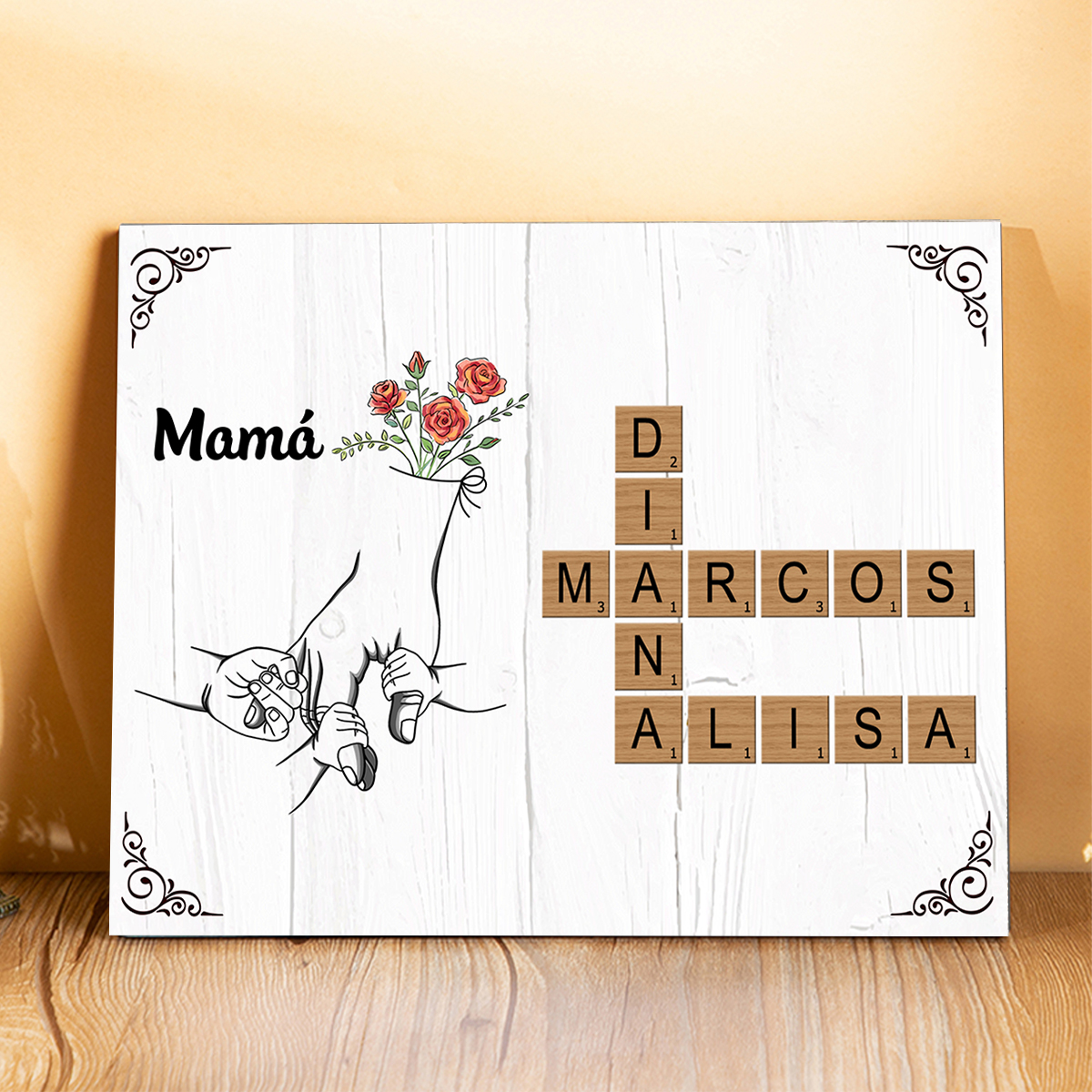 Lámina de Madera "A Mi Mamá o A Mi Abuela" – Crucigrama con Nombres, Mano con Mano y Texto Personalizado-Jessemade ES