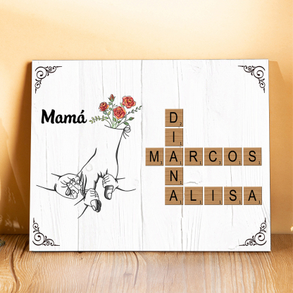 Lámina de Madera "A Mi Mamá o A Mi Abuela" – Crucigrama con Nombres, Mano con Mano y Texto Personalizado-Jessemade ES