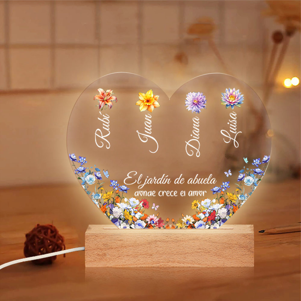 Lámpara Personalizada para Abuela con Nombres y Flores | Corazón de Acrílico y Madera | Jessemade ES