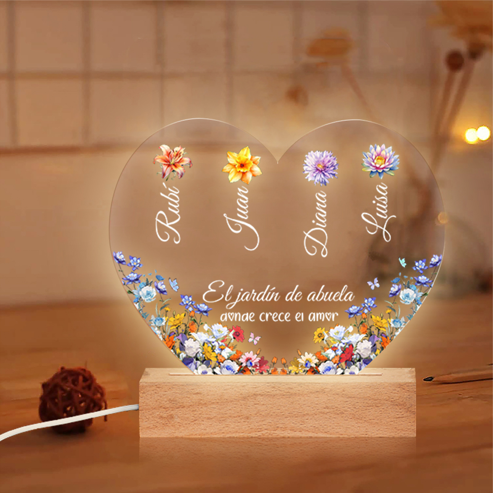 Lámpara Personalizada para Abuela con Nombres y Flores | Corazón de Acrílico y Madera | Jessemade ES
