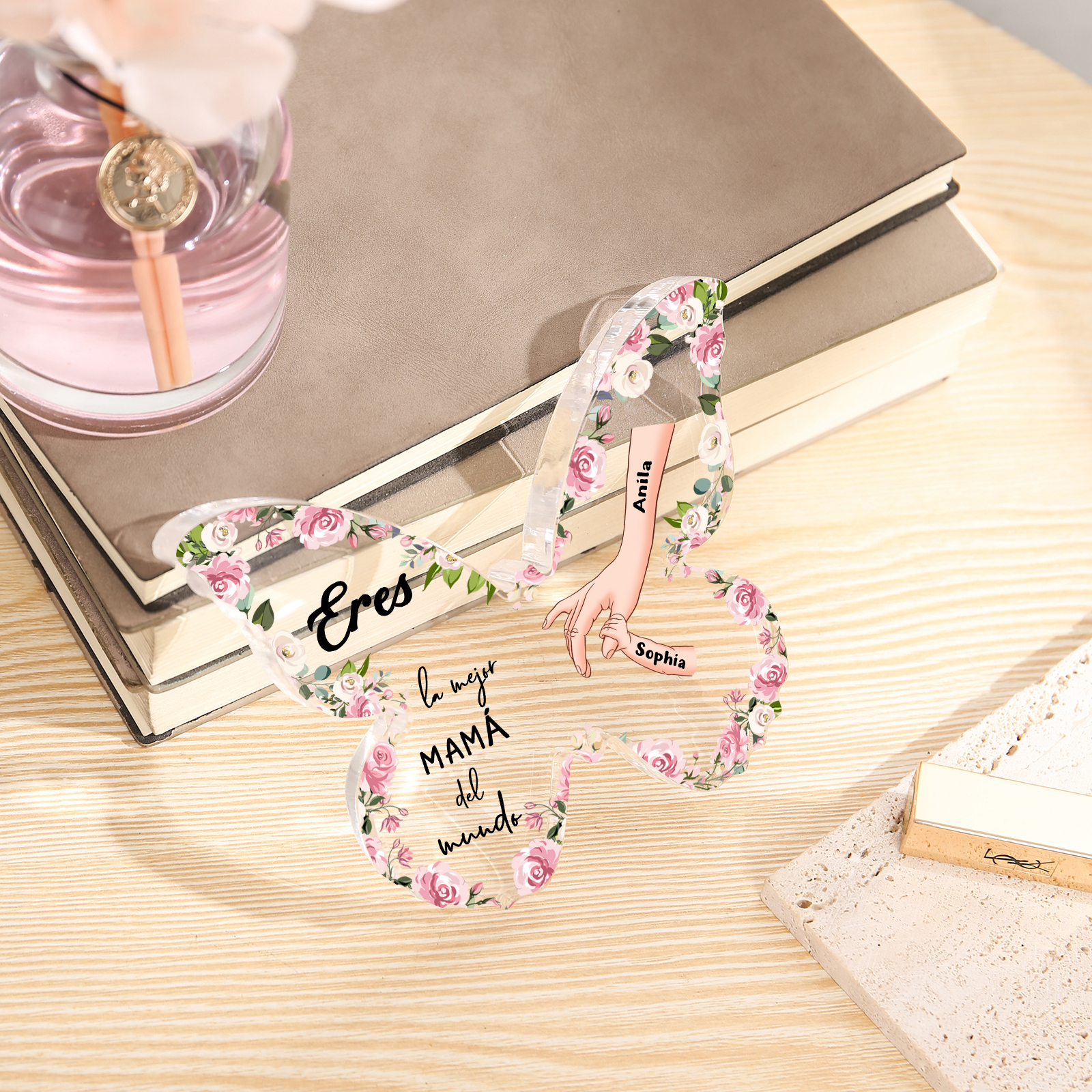 A mi mamá-Placa de acrílico en forma de mariposa mano con mano 2 nombres personalizados | Jessemade