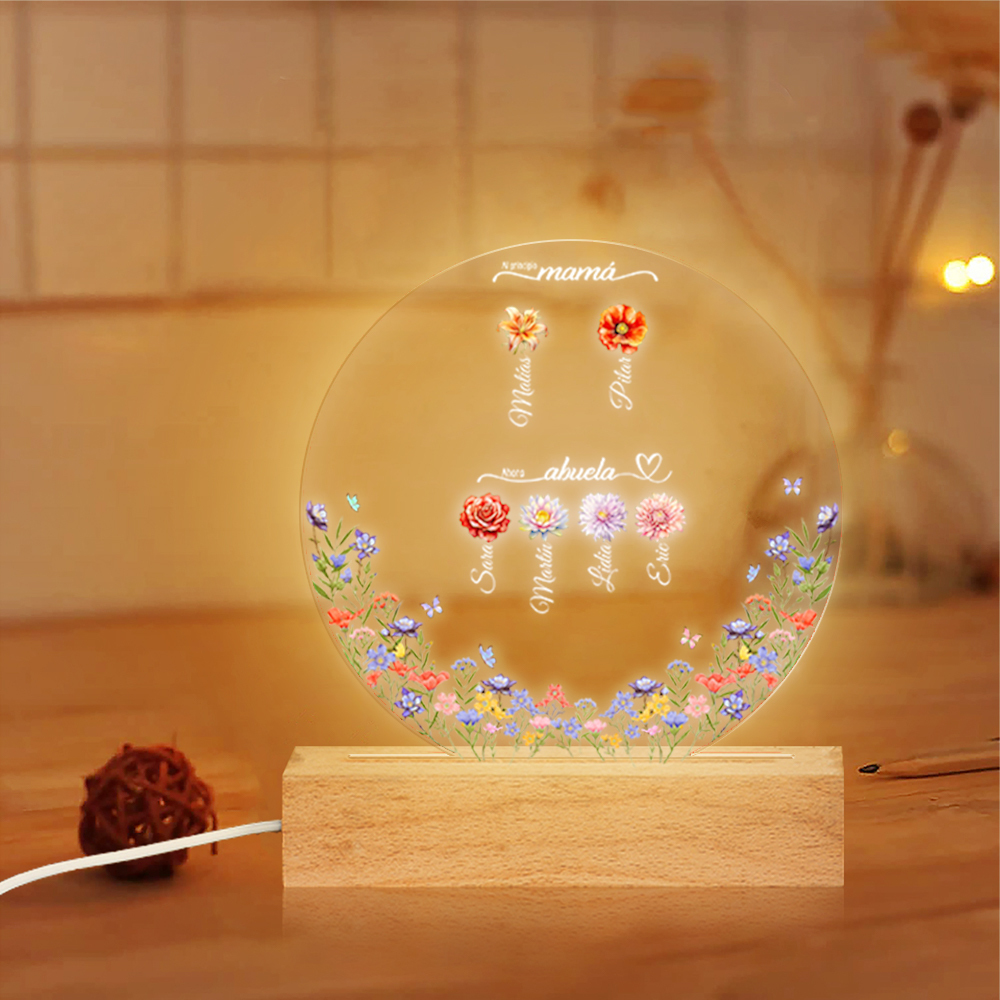 Abuela-Lámpara "al principio mamá, ahora abuela" 2-10 nombres y flores de nacimiento personalizados | Jessemade