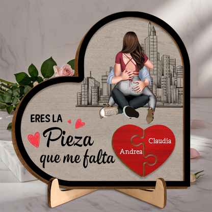 Placa de rompecabezas de madera con forma de corazón con soporte para parejas, "Eres la pieza que me falta"