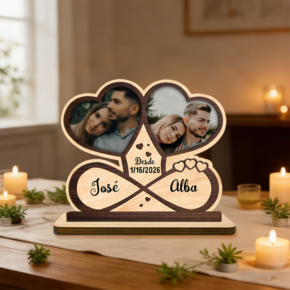 Placa de madera personalizada con fotos, nombres y fecha: decoración romántica para parejas