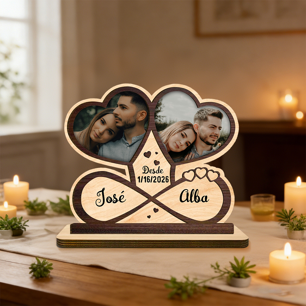 Placa de madera personalizada con fotos, nombres y fecha: decoración romántica para parejas