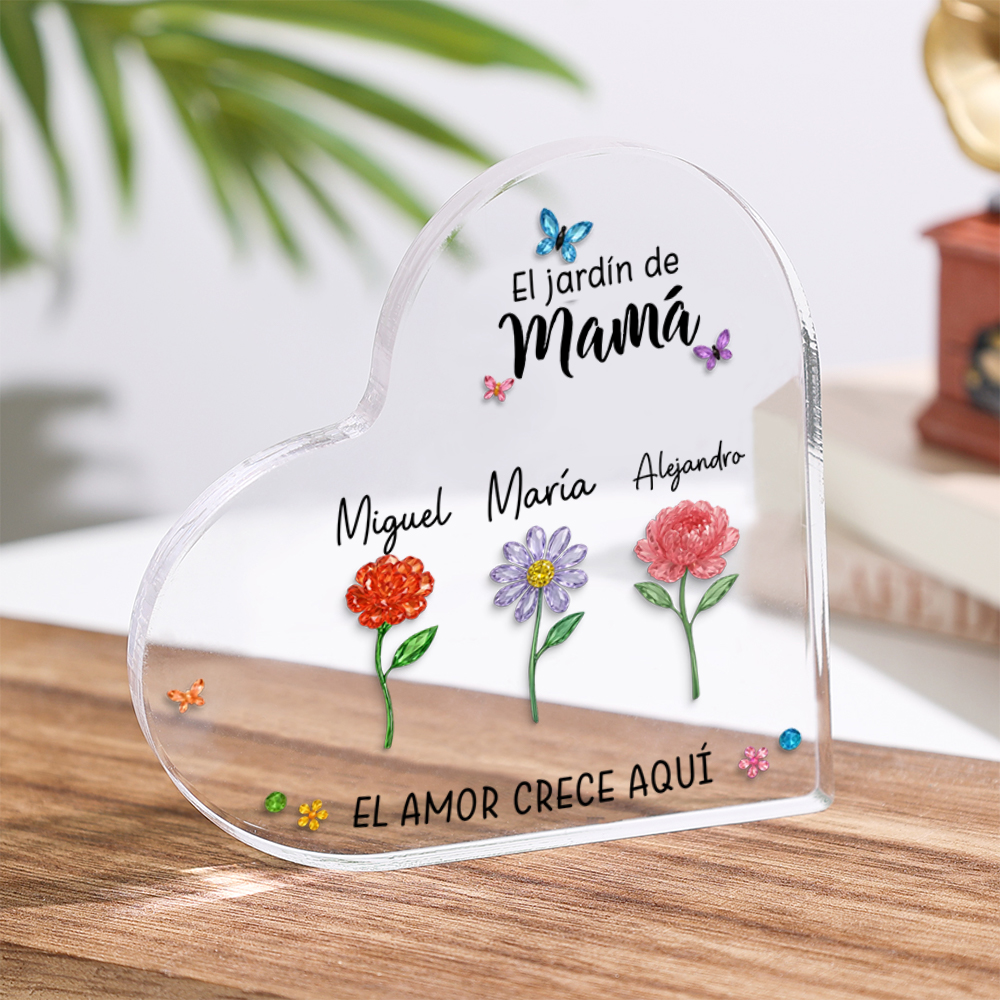 Placa acrílica personalizada familiar – El jardín de mamá o de la abuela con flores de nacimiento y nombres de los niños