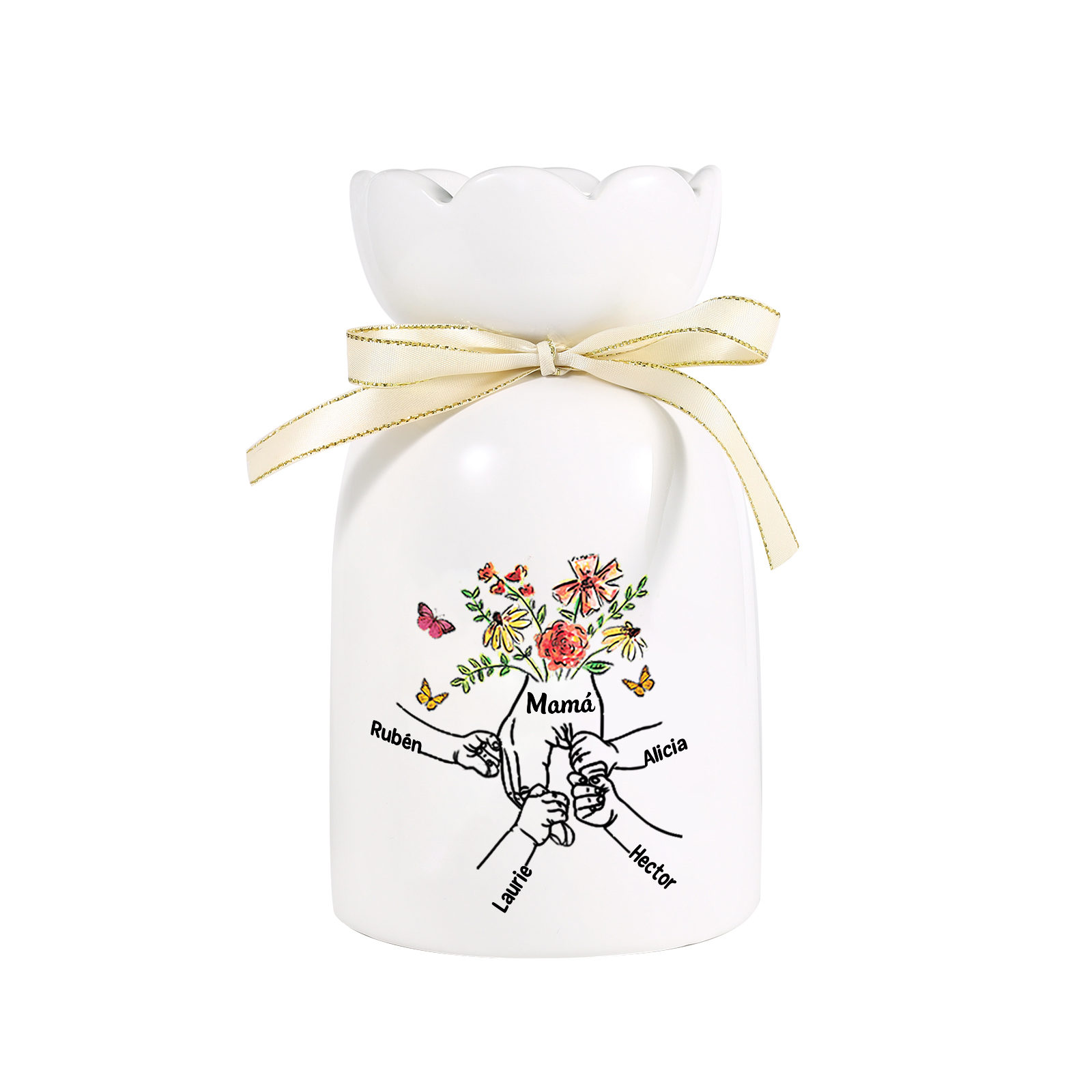 Jarrón personalizado con lazo, 2-8 nombres y 1 texto. Jarrón de cerámica con motivo de la mano en la mano