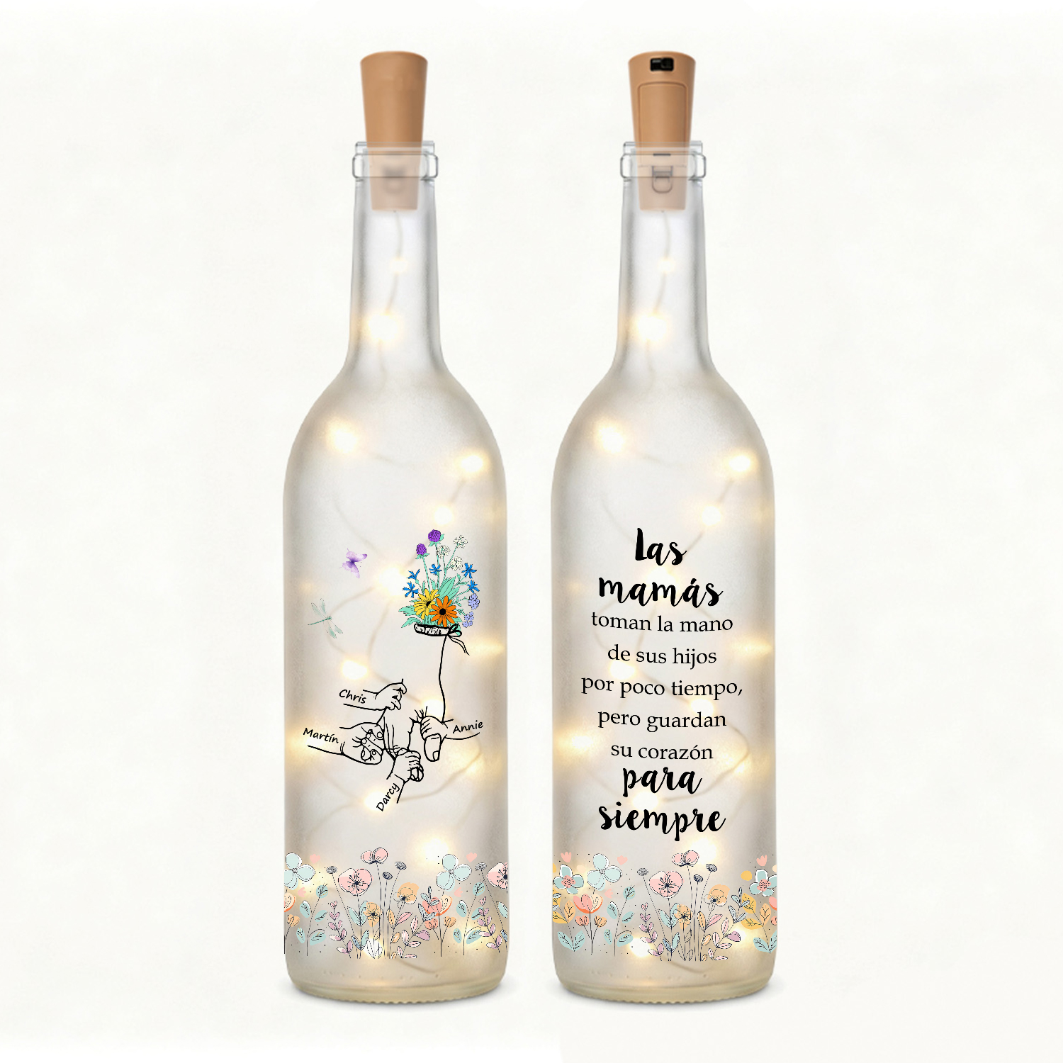 Botella de lámpara personalizada con 2–12 nombres a elegir y motivo familiar de manos y flores, regalo para mamá