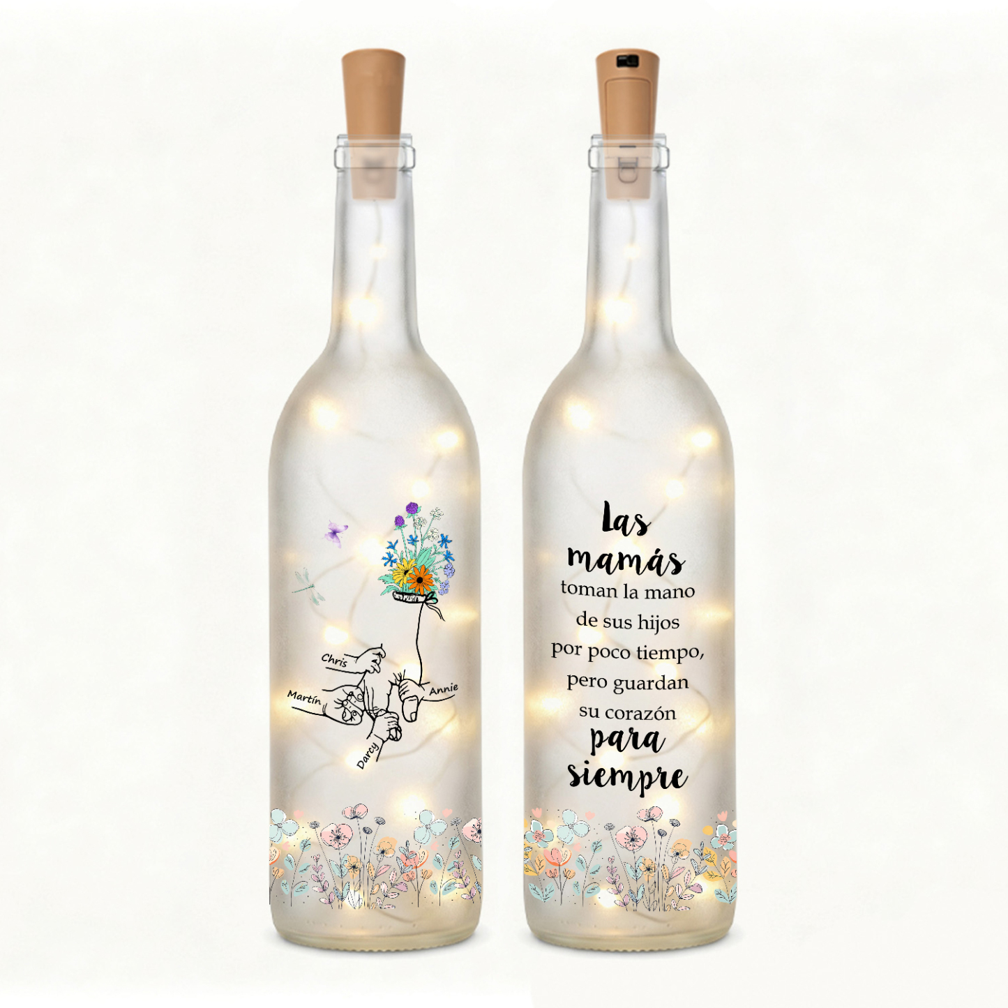 Botella de lámpara personalizada con 2–12 nombres a elegir y motivo familiar de manos y flores, regalo para mamá