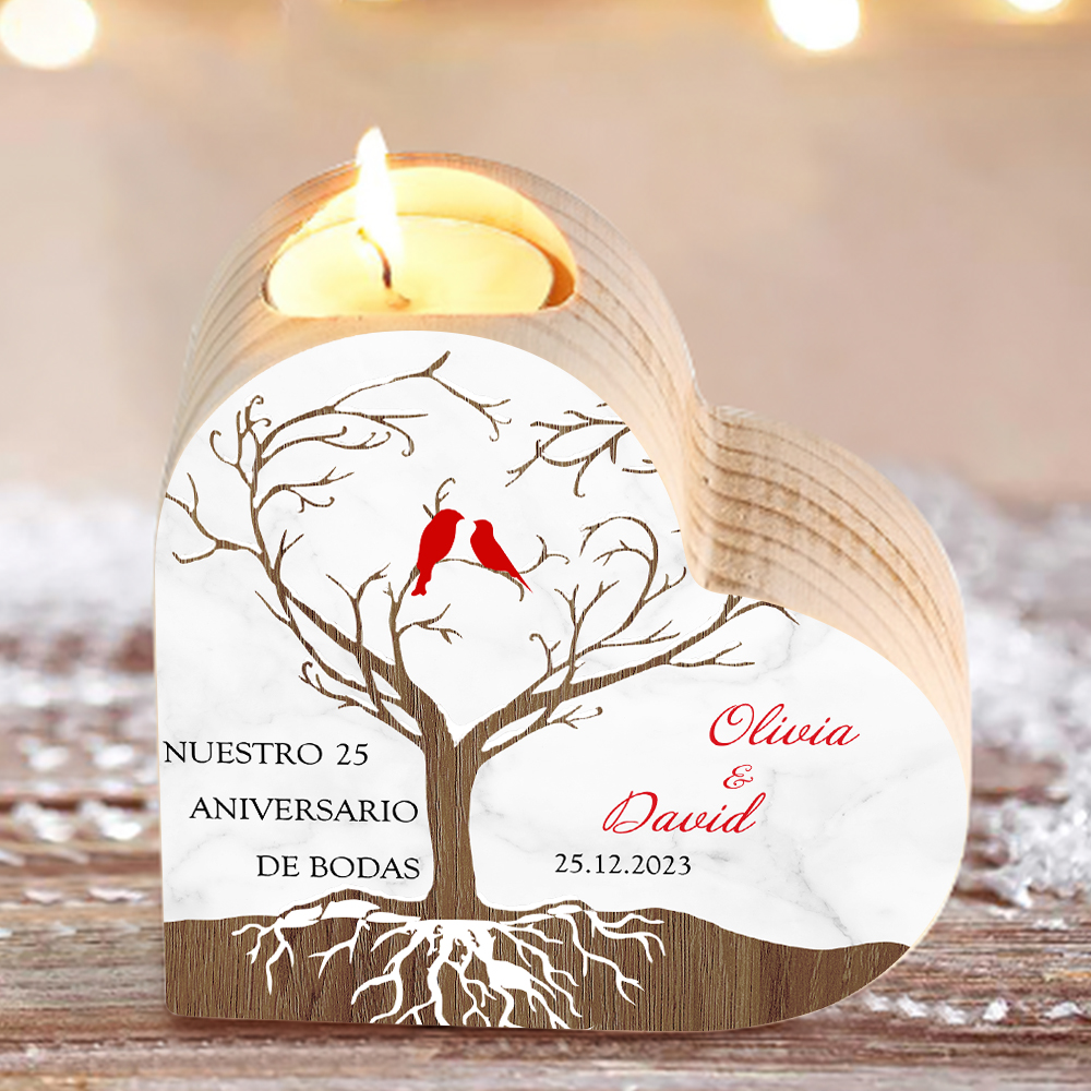 Aniversario de boda-Candelero de madera para pareja con pájaros de amor sin vela personalizado con nombres, fecha y número-Jessemade ES