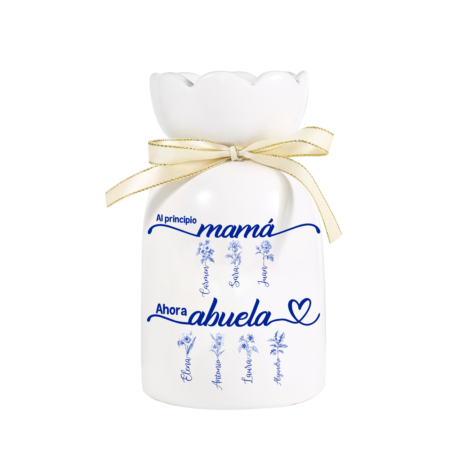 Florero de cerámica con una cinta dorada y motivos florales azules, para mamá y la abuela