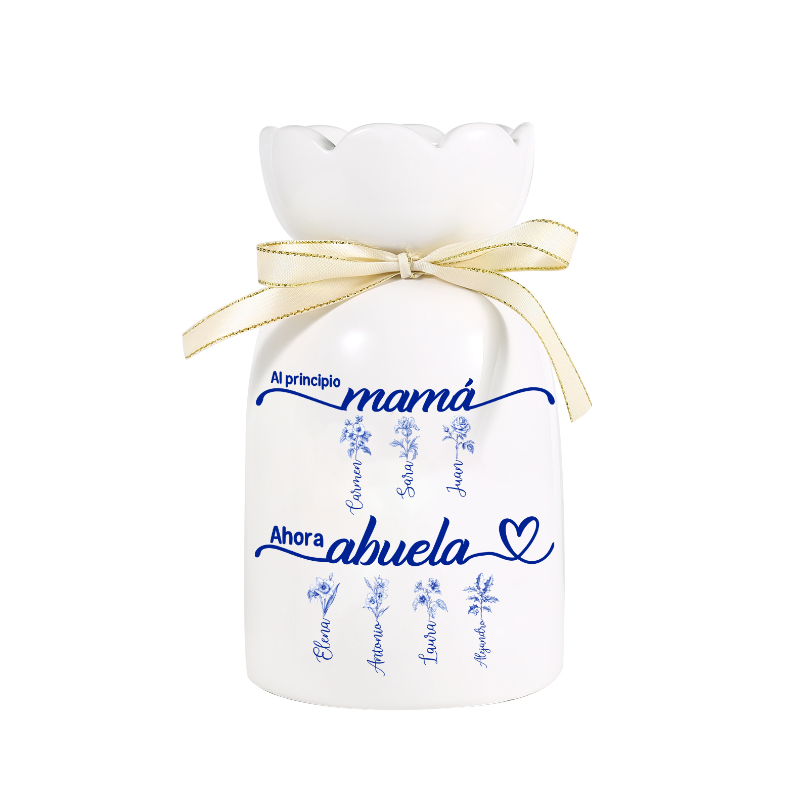 Florero de cerámica con una cinta dorada y motivos florales azules, para mamá y la abuela