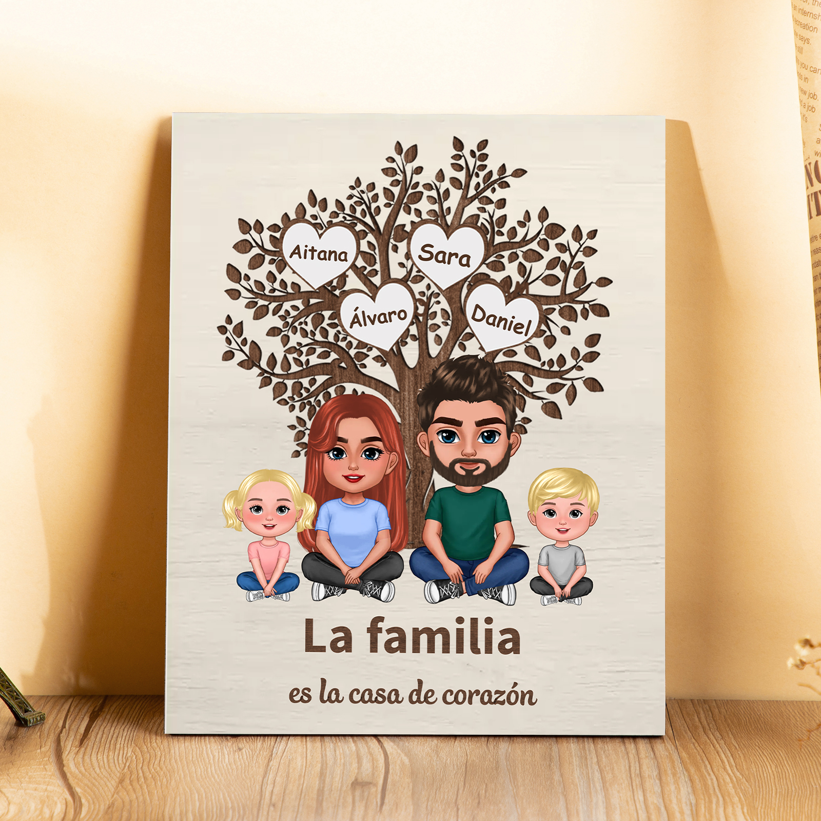 A familia - Lámina árbol de vida 2-7 nombres y apariencias personalizados con 2 textos marco de madera | Jessemade
