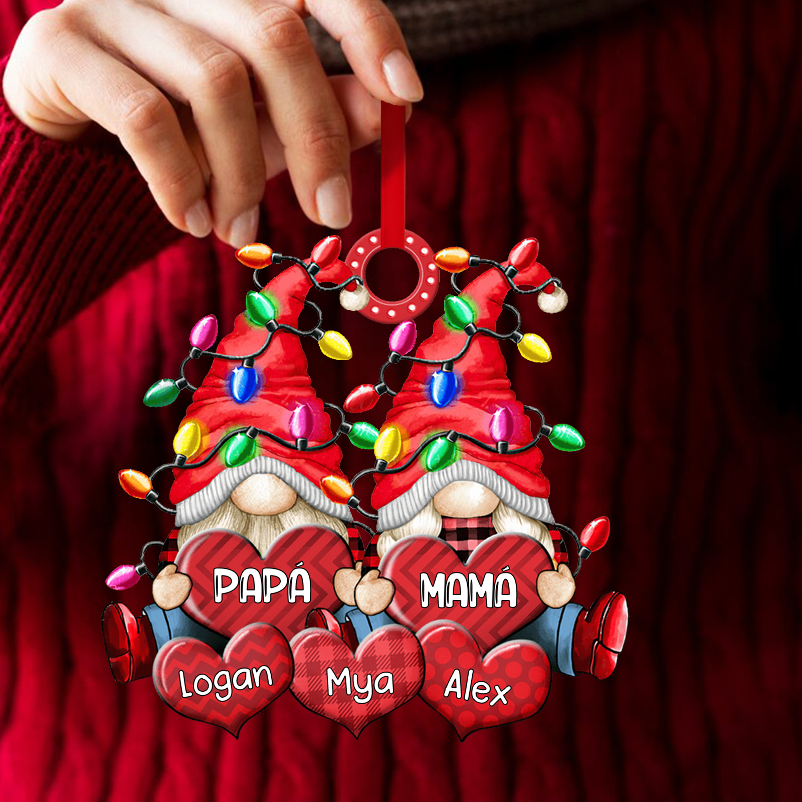 Navidad-Ornamento de duendes y corazones de madera para familia 5 nombres personalizados | Jessemade