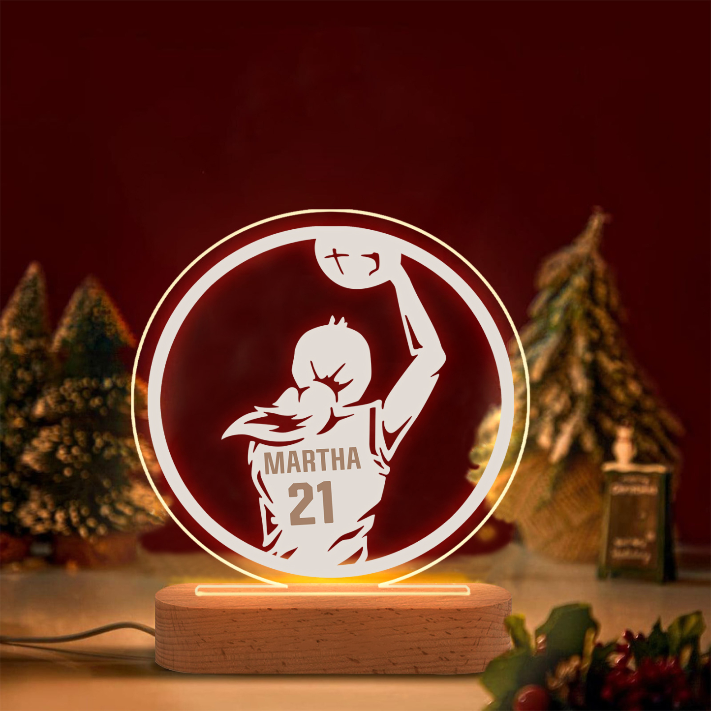 Lámpara Ilusión 3D Luz de Noche LED Silueta de Chica con Baloncesto con Nombre y Número Personalizados