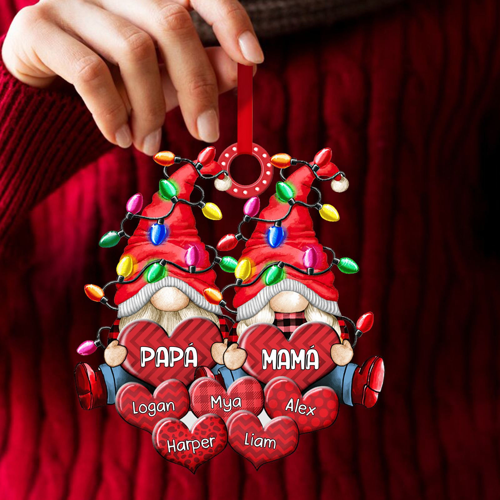 Navidad-Ornamento de duendes y corazones de madera para familia 7 nombres personalizados | Jessemade