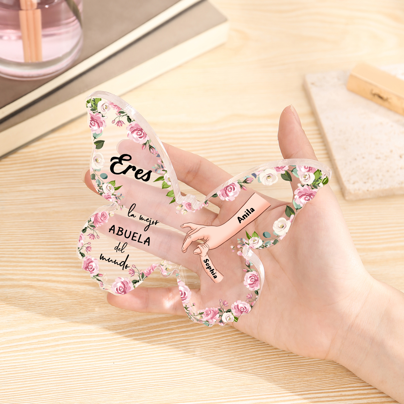 A mi abuela-Placa de acrílico mano con mano en forma de mariposa 2 nombres personalizados | Jessemade