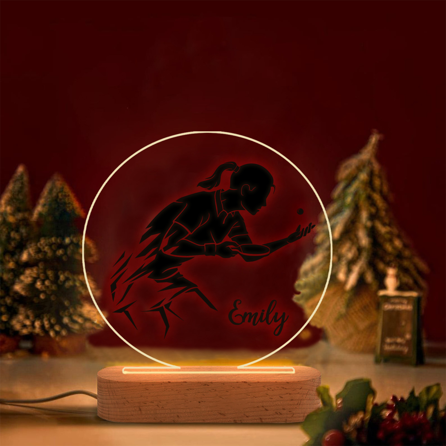 Lámpara Ilusión 3D Luz de Noche LED Silueta de Chica con Ping-pong con Nombre Personalizado