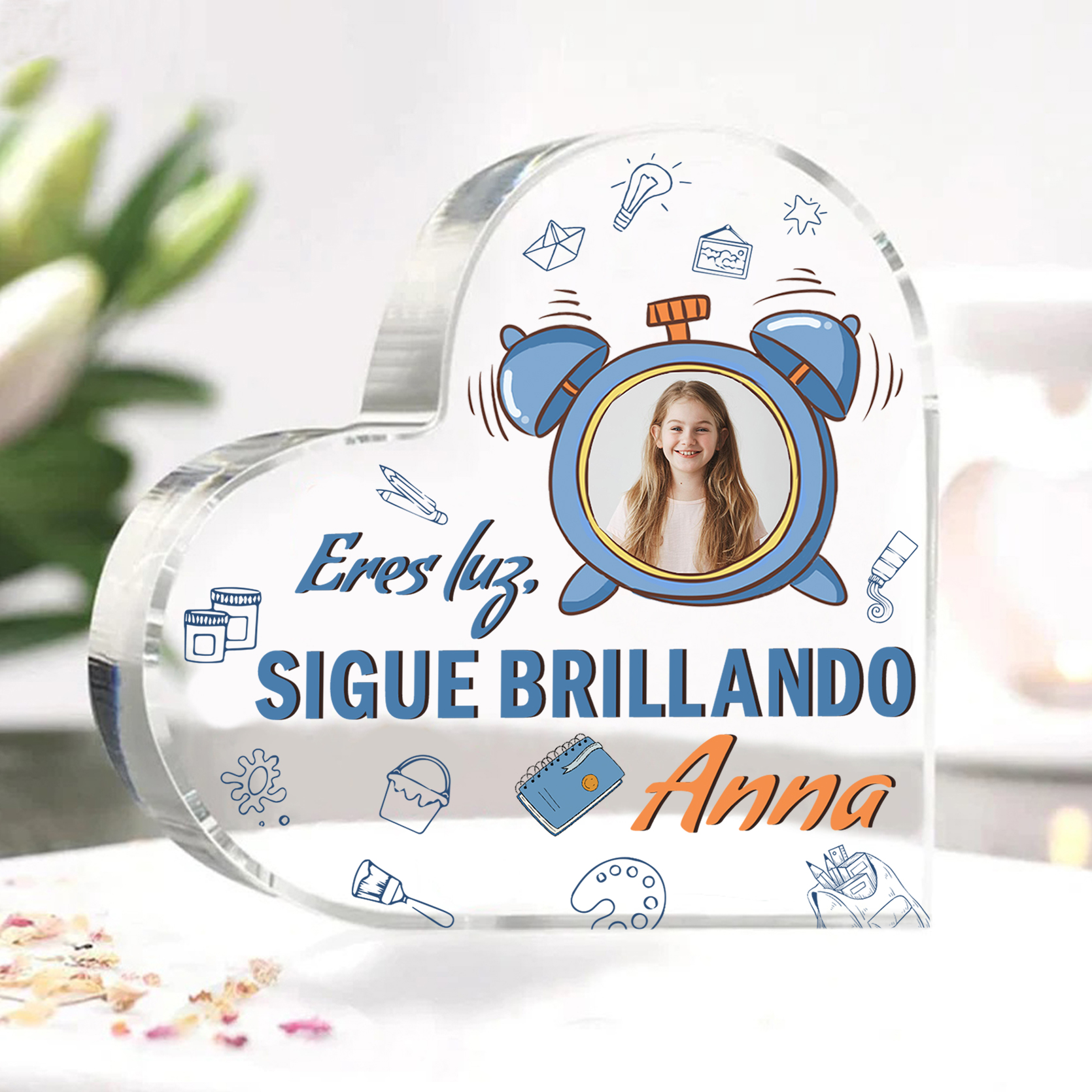 Vuelta al cole-Placa de acrílico en forma de corazón con nombre y foto personalizados