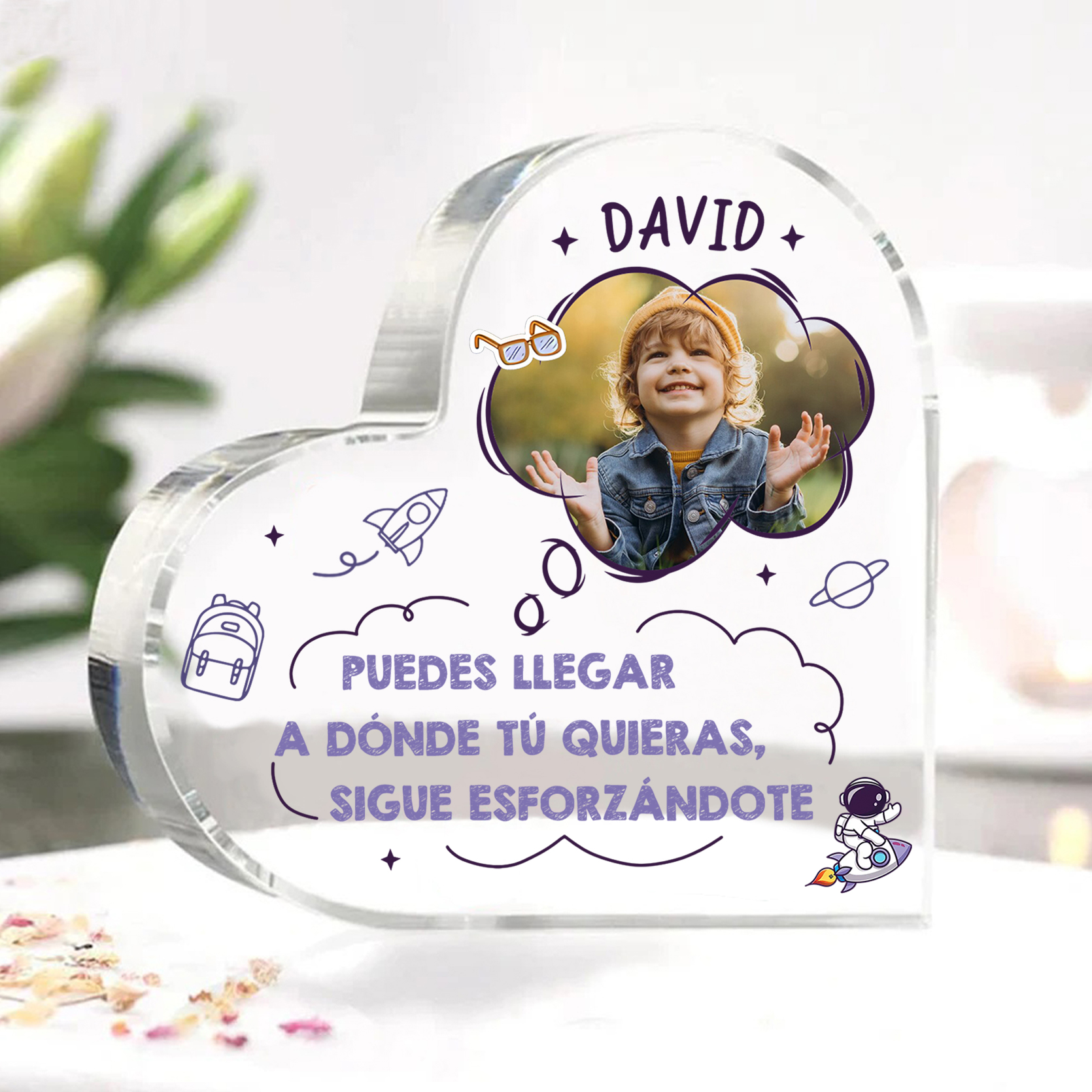 Vuelta al cole-Placa de acrílico en forma de corazón con nombre y foto personalizados