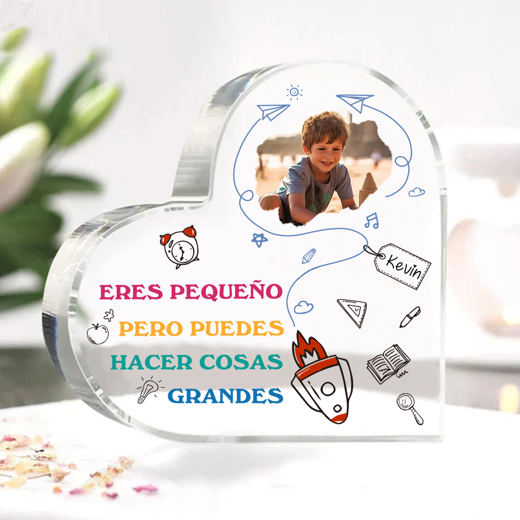 Vuelta al cole-Placa de acrílico en forma de corazón con nombre y foto personalizados