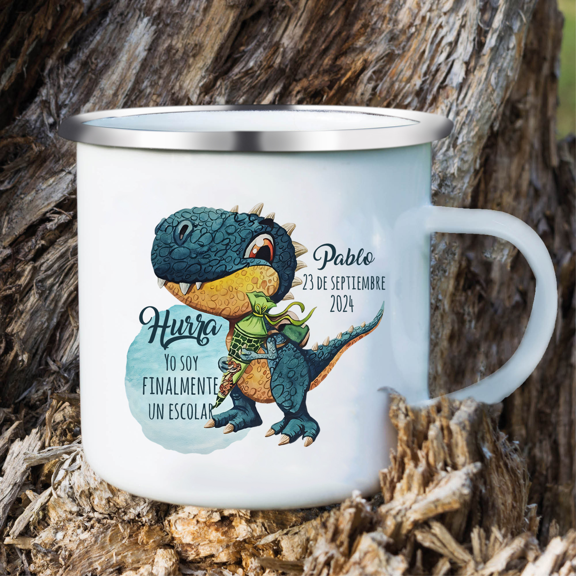 Vuelta al cole-Taza para niños "dinosaurio" con 1 nombre, fecha y año personalizados