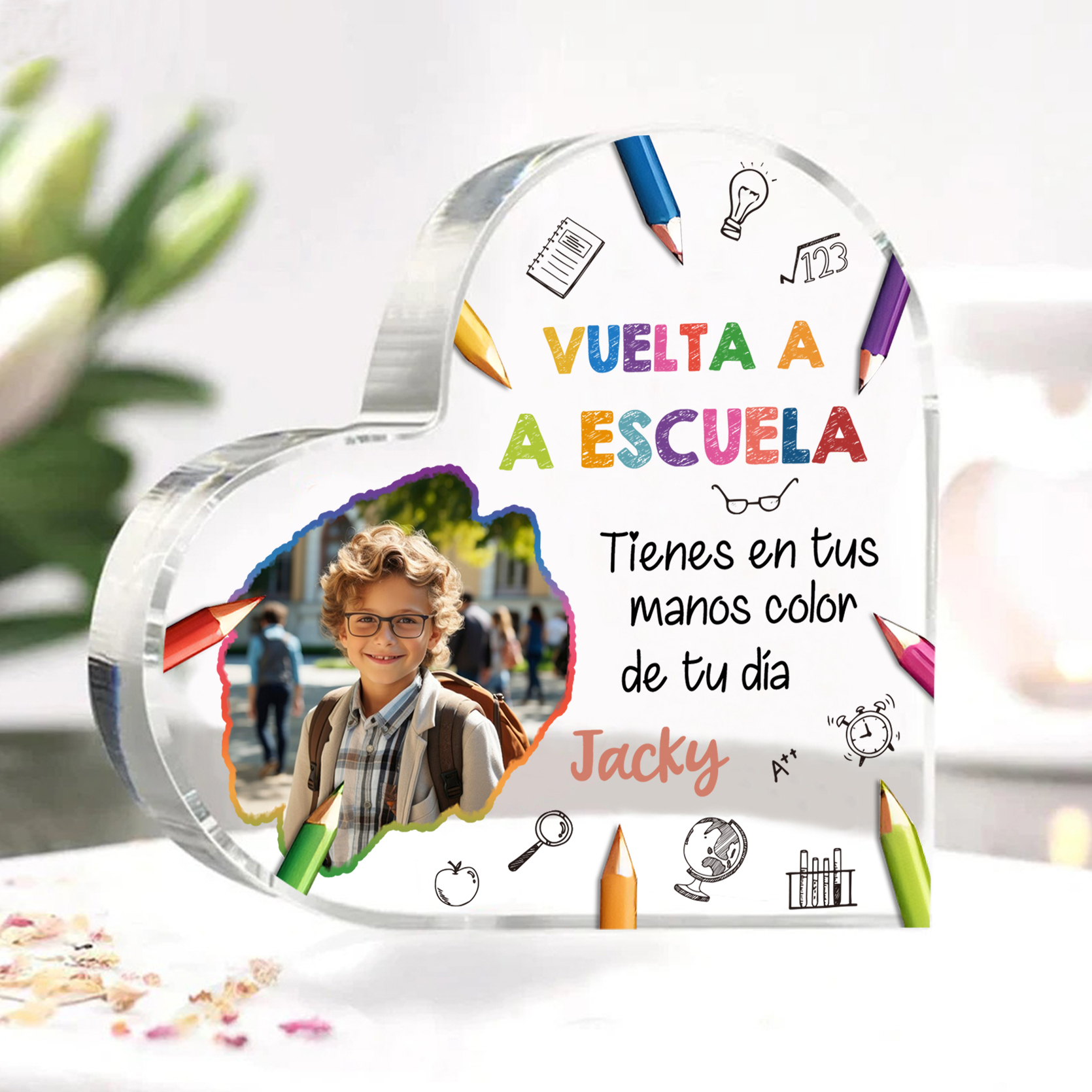 Vuelta al cole-Placa de acrílico en forma de corazón con nombre y foto personalizados