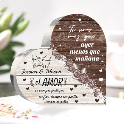Placa de acrílico en forma de corazón de pareja con frase de amor con 2 nombres personalizados | Jessemade