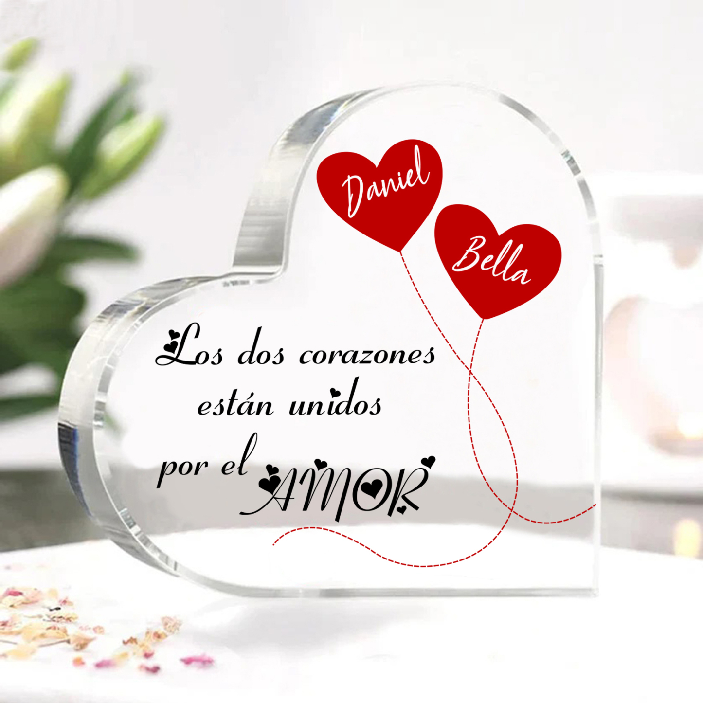 Placa de acrílico en forma de corazón de pareja con corazón 2 nombres personalizados | Jessemade