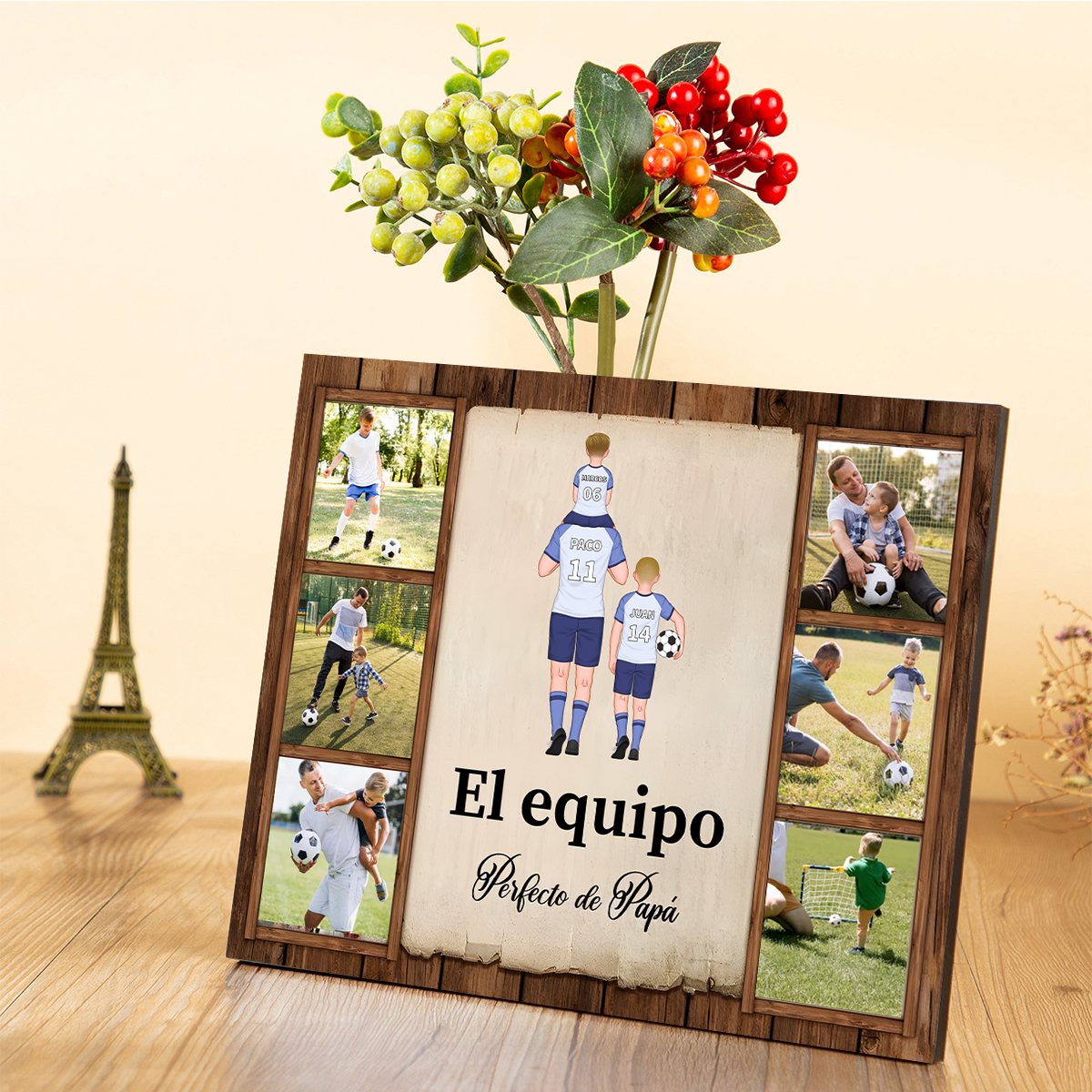 A mi papá - Lámina marco de madera de fútbol 2-9 nombres y 6 fotos con 1 texto personalizados | Jessemade