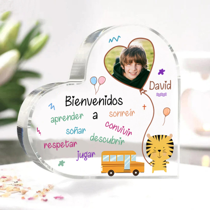 [Copy]Vuelta al cole-Placa de acrílico en forma de corazón con nombre y foto personalizados