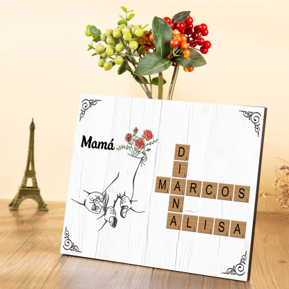 A familia - Lámina crucigrama y mano con mano 1-12 nombres personalizados con 1 texto marco de madera | Jessemade