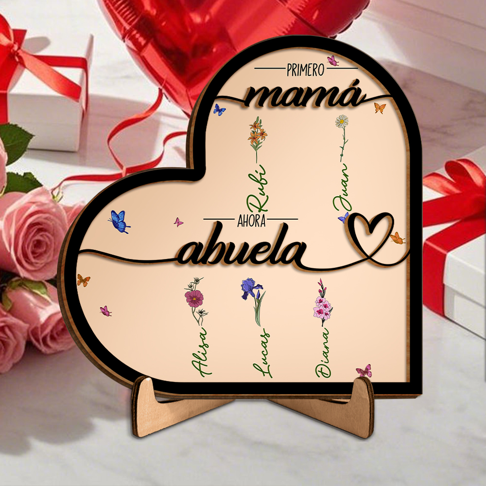 Decoración en Forma de Corazón de Madera – Personalizada "A Mi Abuela" con Nombres y Flores de Nacimiento | Jessemade ES