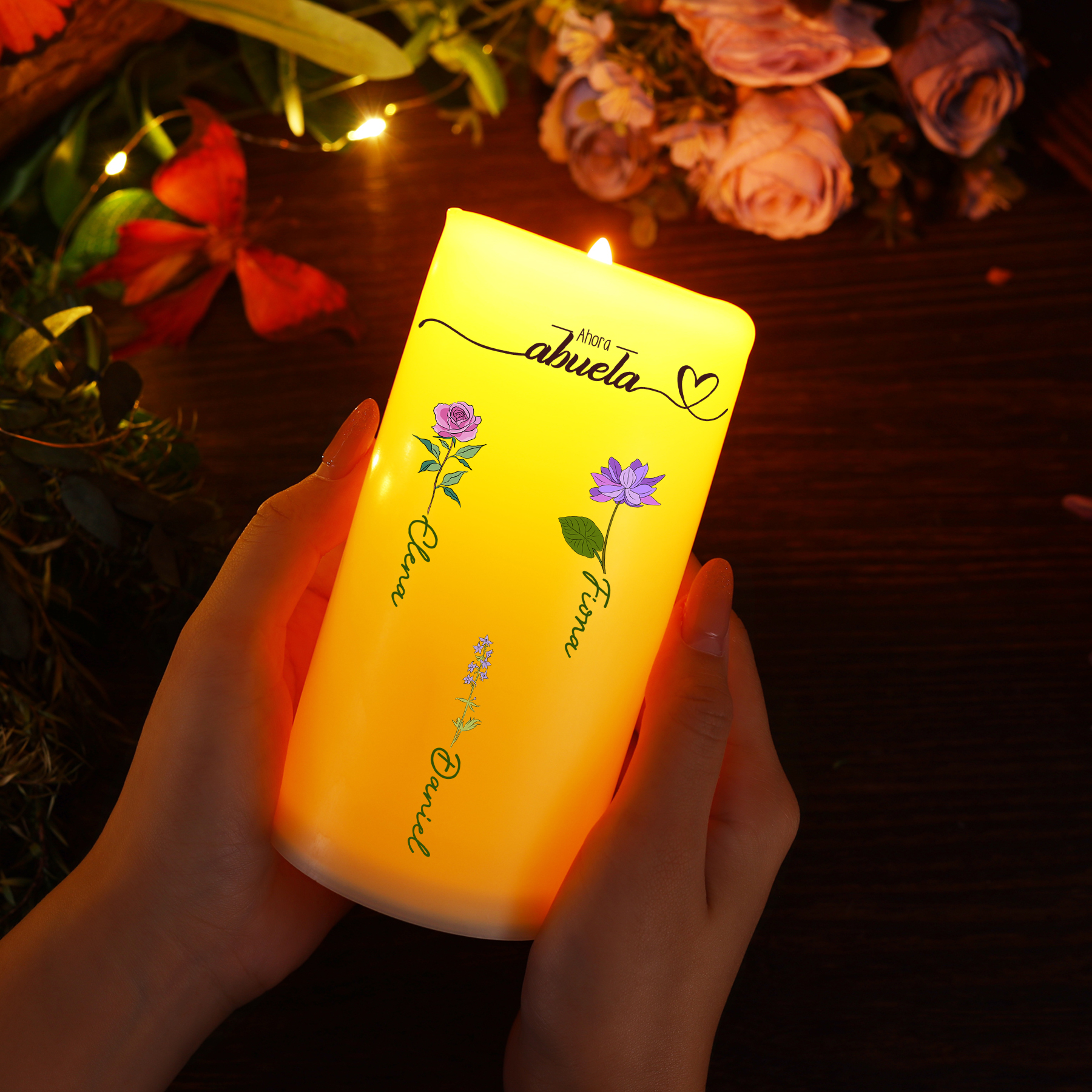 A mi abuela-Vela electrónica primero mamá ahora abuela 2-12 nombres y flores personalizados | Jessemade
