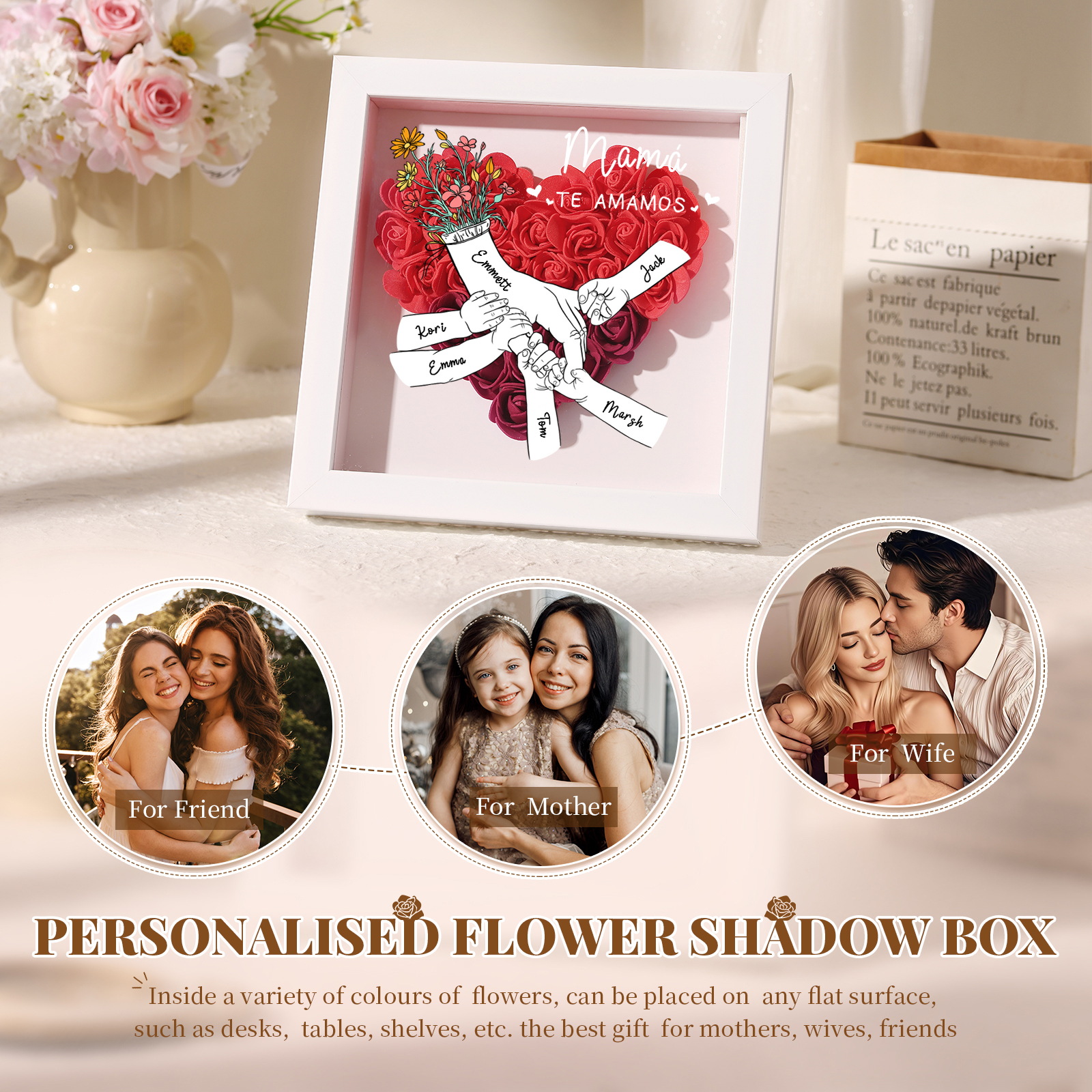 A mi mamá/abuela-Marco de flores de madera mano con mano personalizado con 6 nombres y 1 texto | Jessemade