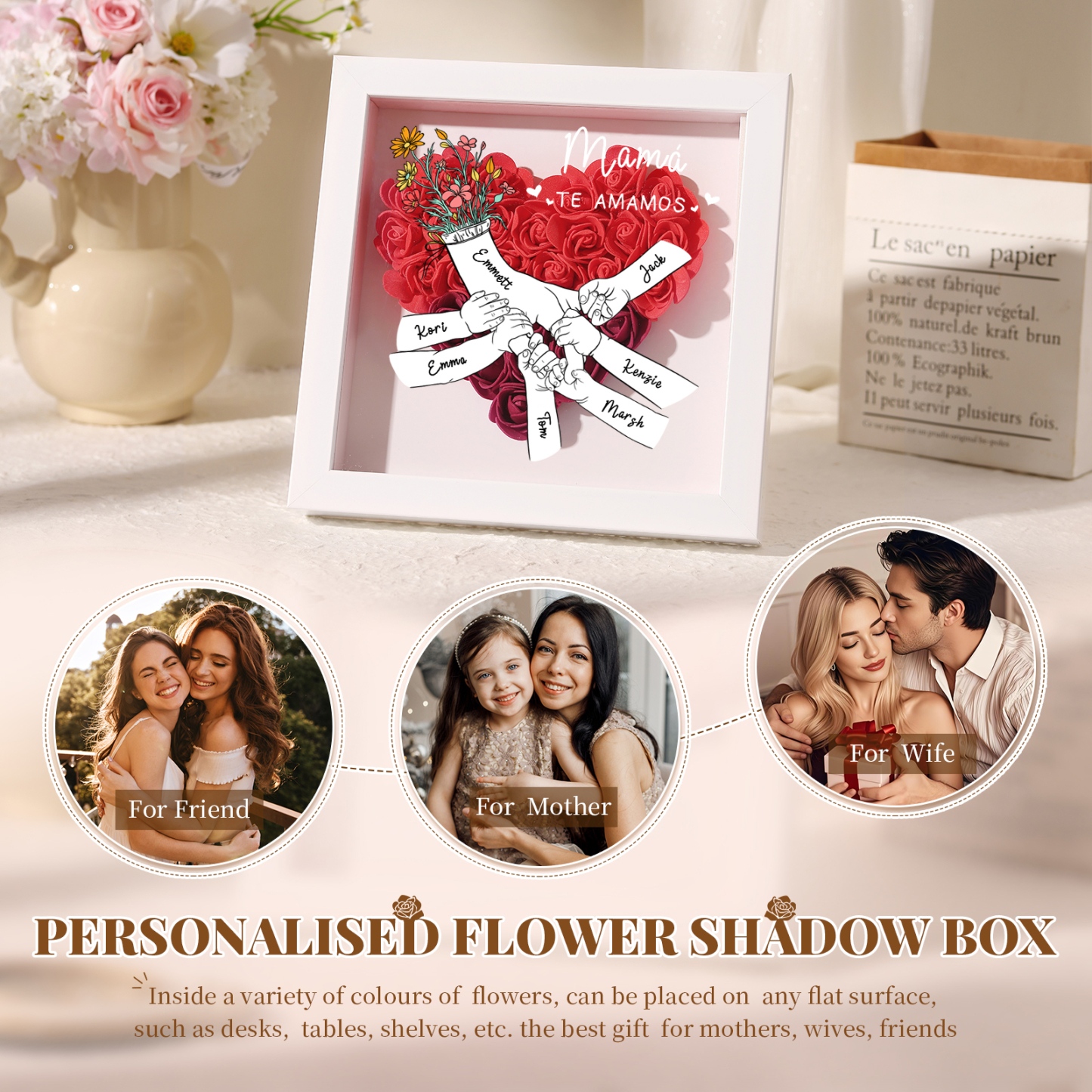 A mi mamá/abuela-Marco de flores de madera mano con mano personalizado con 7 nombres y 1 texto | Jessemade