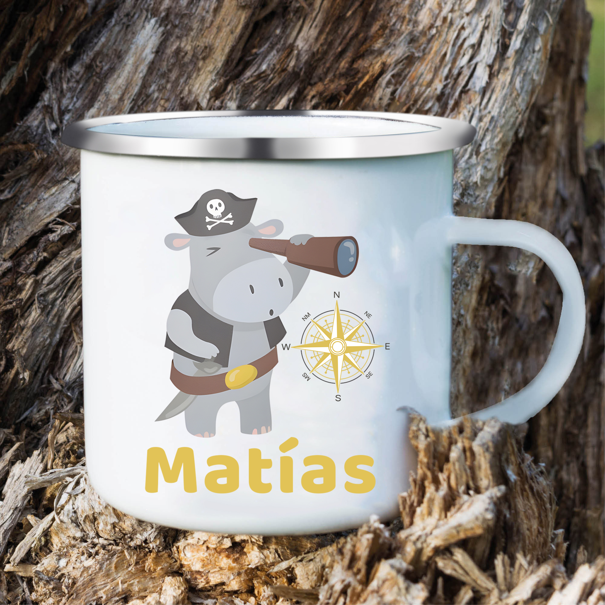 Vuelta al cole-Taza para niños "hipopótamo pirata" con 1 nombre personalizado
