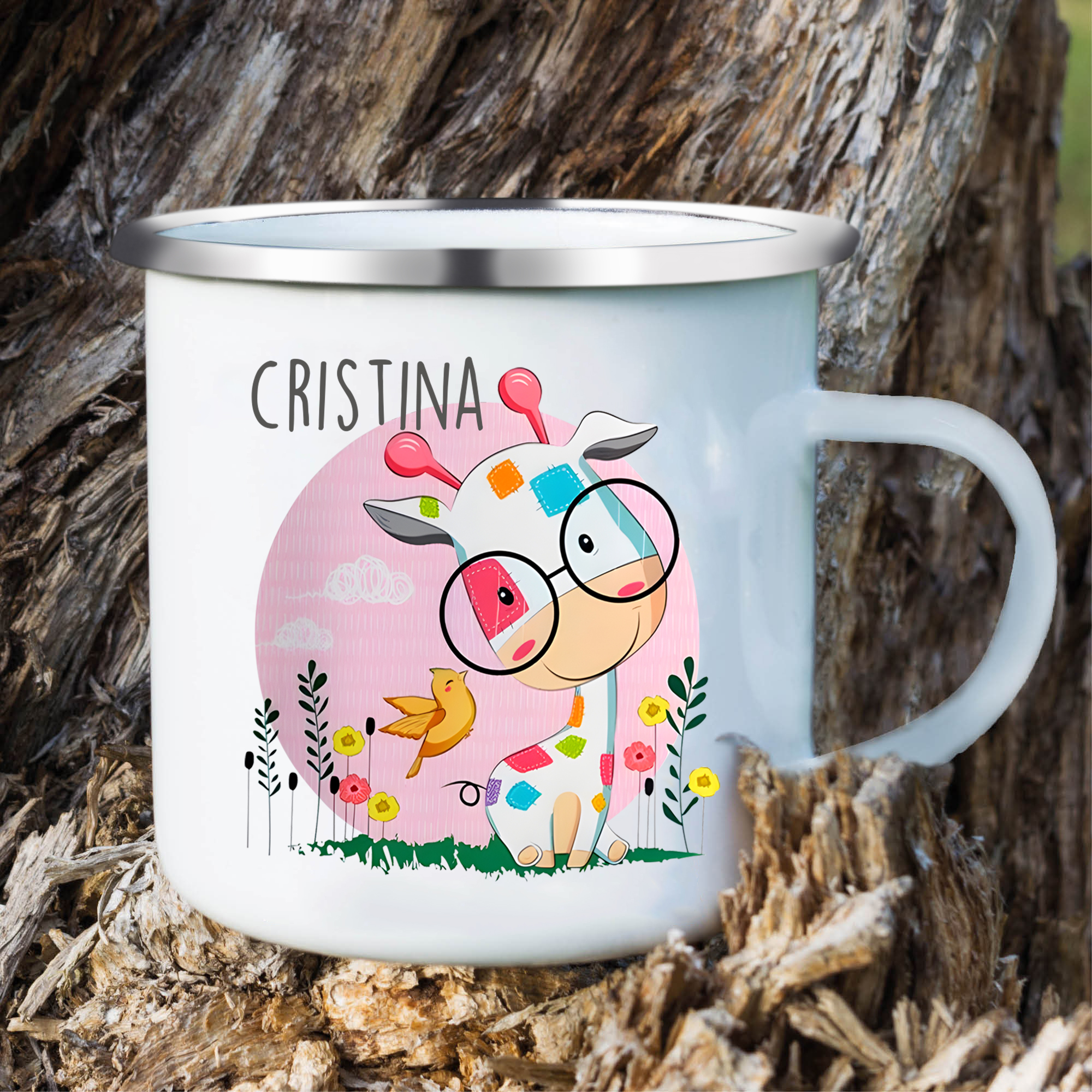 Vuelta al cole-Taza para niños "girafa con gafas" con 1 nombre personalizado