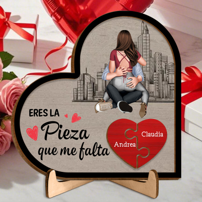 Placa de rompecabezas de madera con forma de corazón con soporte para parejas, "Eres la pieza que me falta"