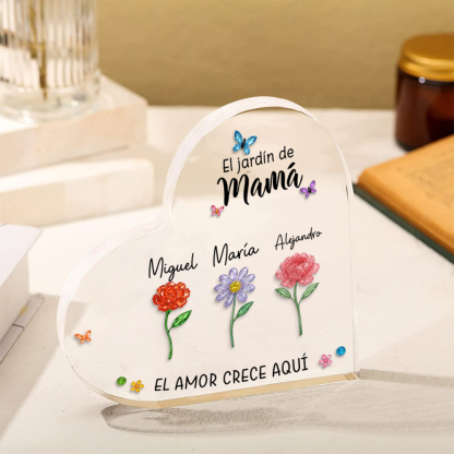 Placa acrílica personalizada familiar – El jardín de mamá o de la abuela con flores de nacimiento y nombres de los niños
