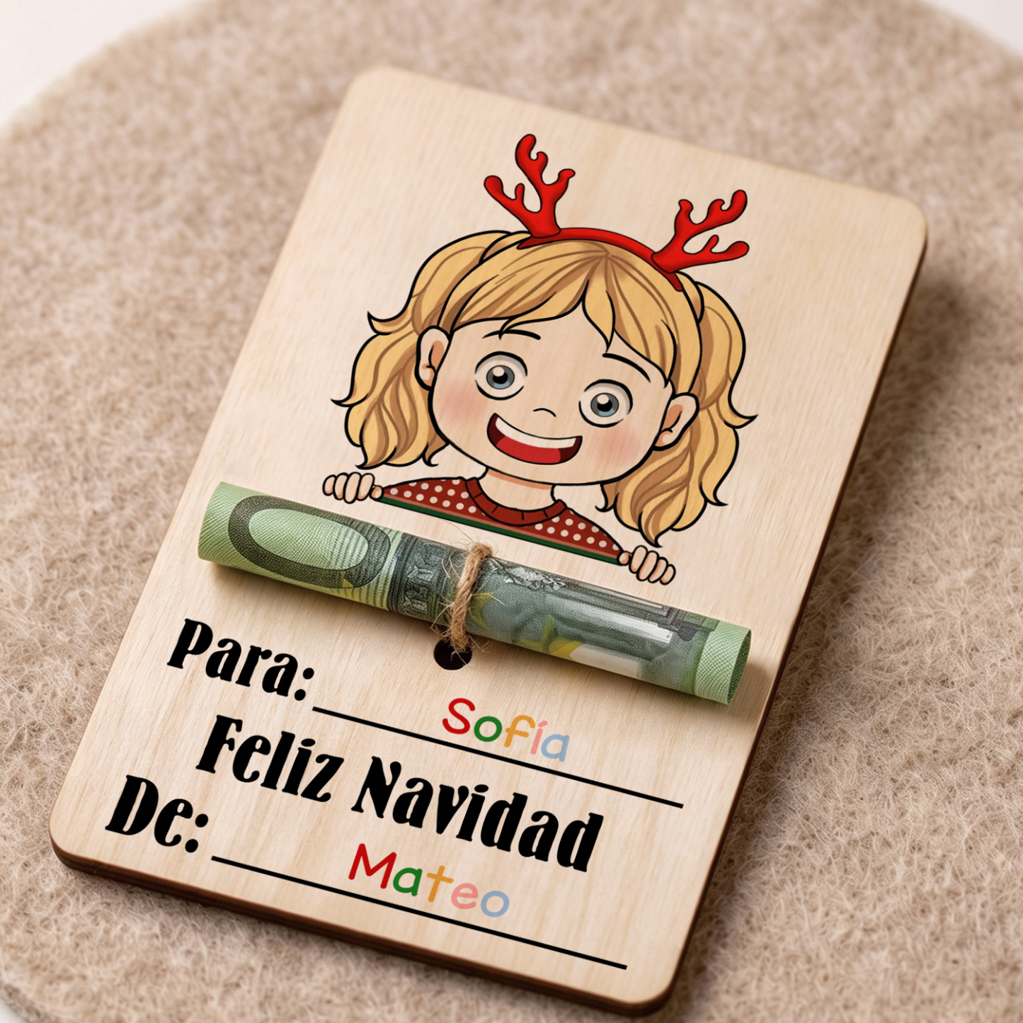 Tarjeta de madera personalizada para dinero de Navidad con 2 nombres – tarjeta regalo en efectivo para niño