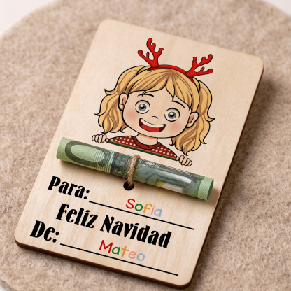 Tarjeta de madera personalizada para dinero de Navidad con 2 nombres – tarjeta regalo en efectivo para niño