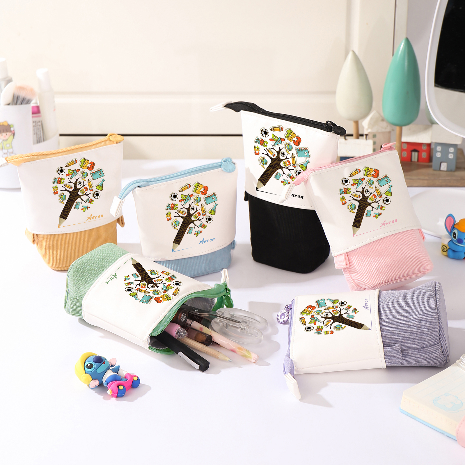 Estuche personalizado con nombre con diseños coloridos de árbol de ciencia para niños