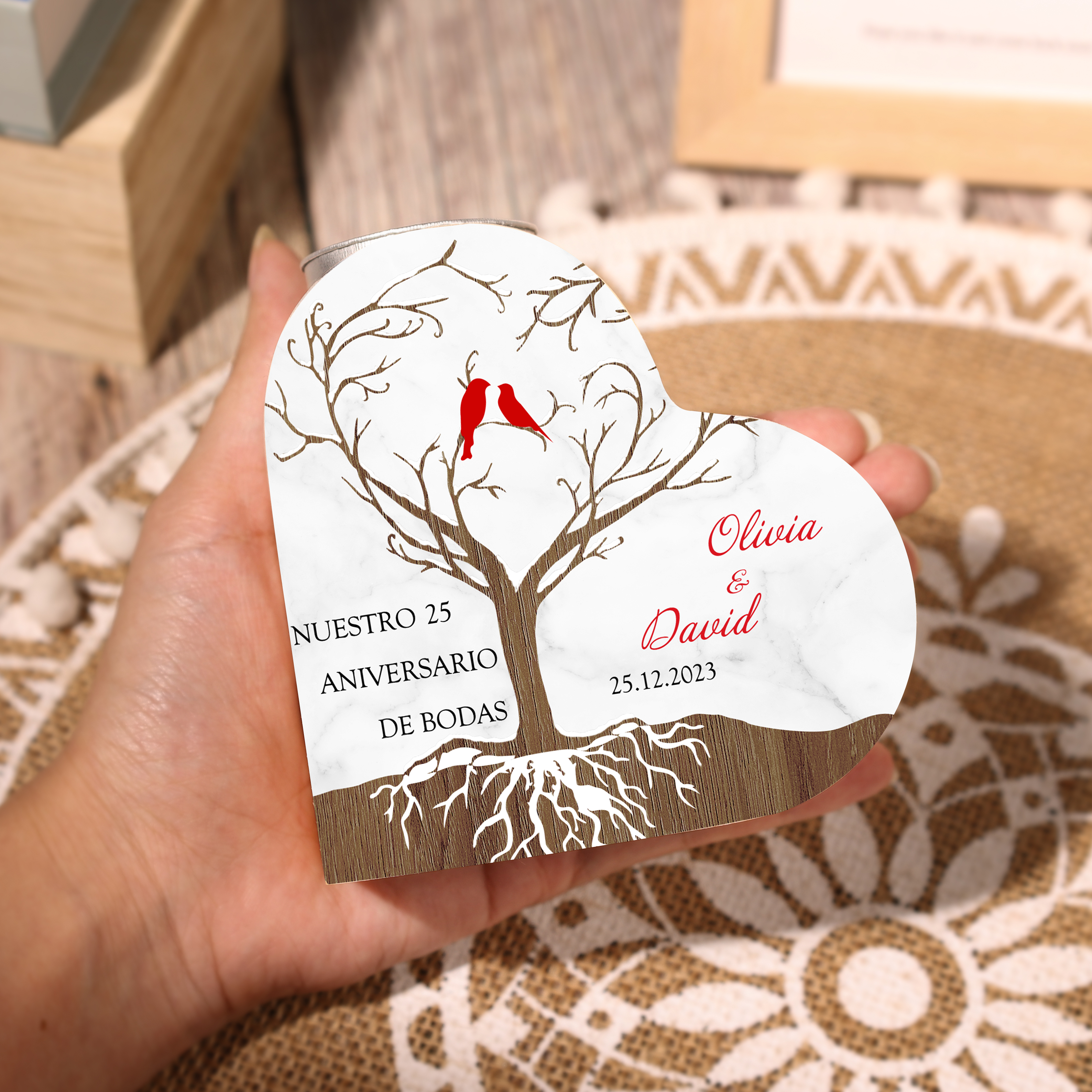 Aniversario de boda-Candelero de madera para pareja con pájaros de amor sin vela personalizado con nombres, fecha y número-Jessemade ES