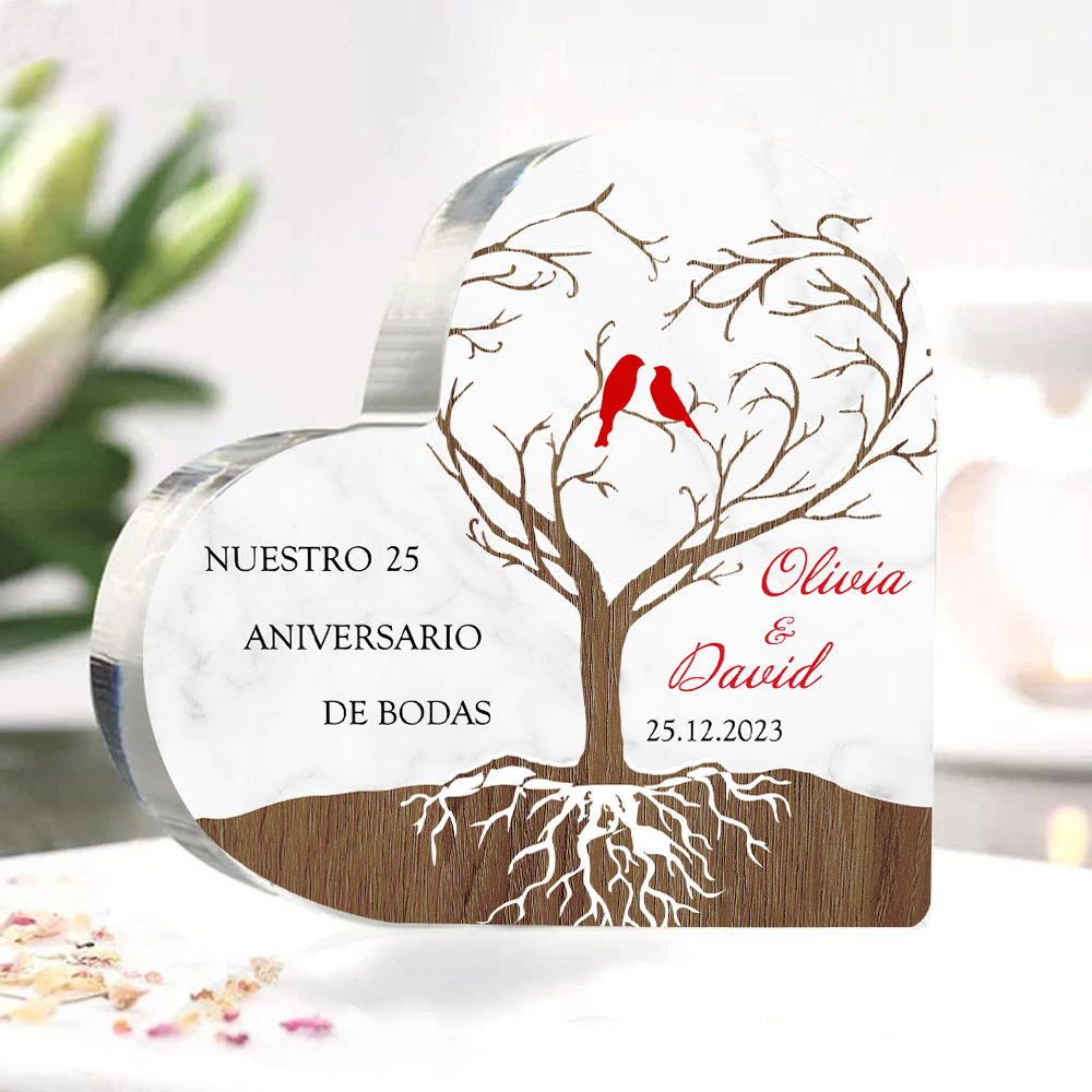 Navidad-Placa de acrílico en forma de corazón aniversario de bodas con número, fecha y nombres personalizados-Jessemade ES