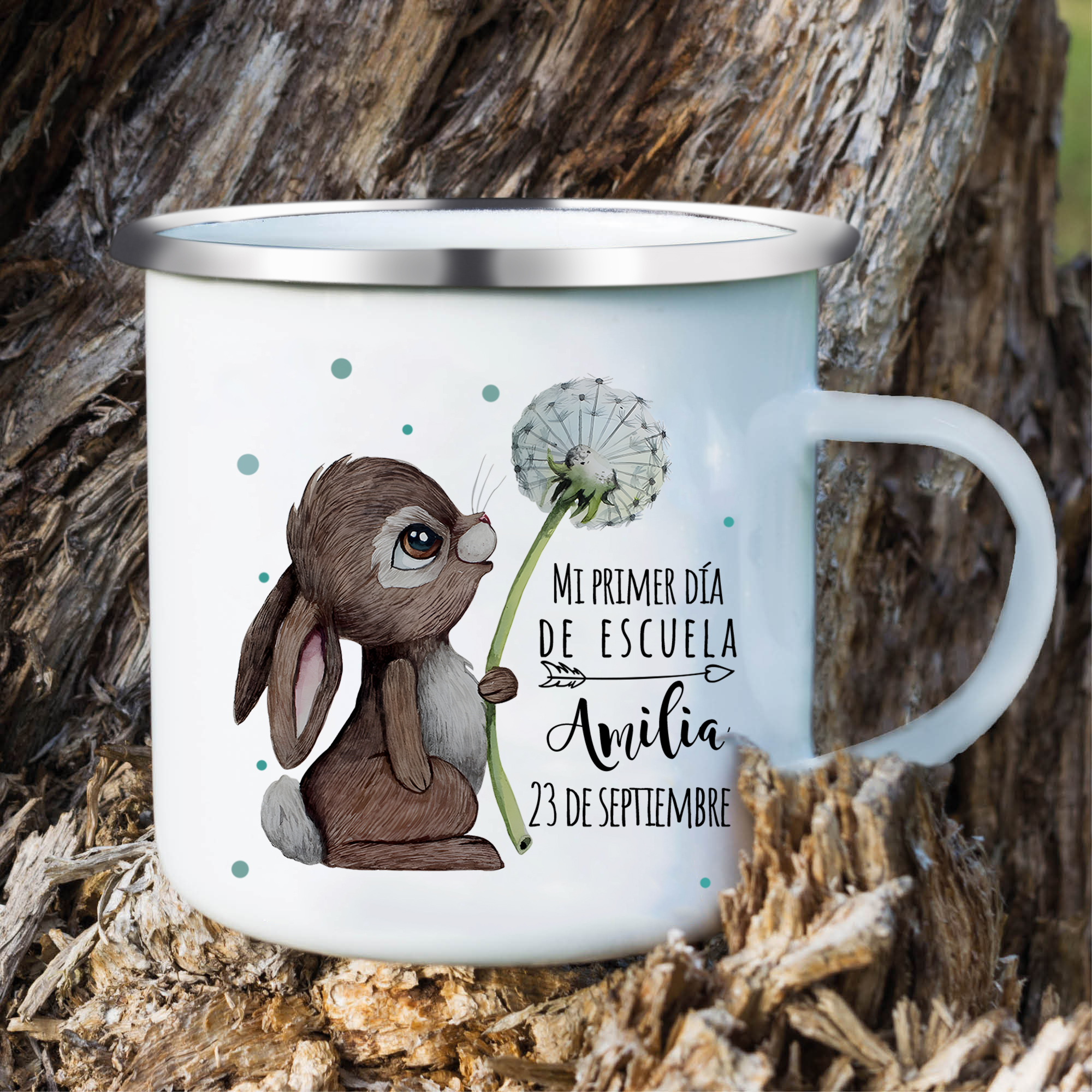 Vuelta al cole-Taza para niños "conejita" con 1 nombre y fecha personalizados