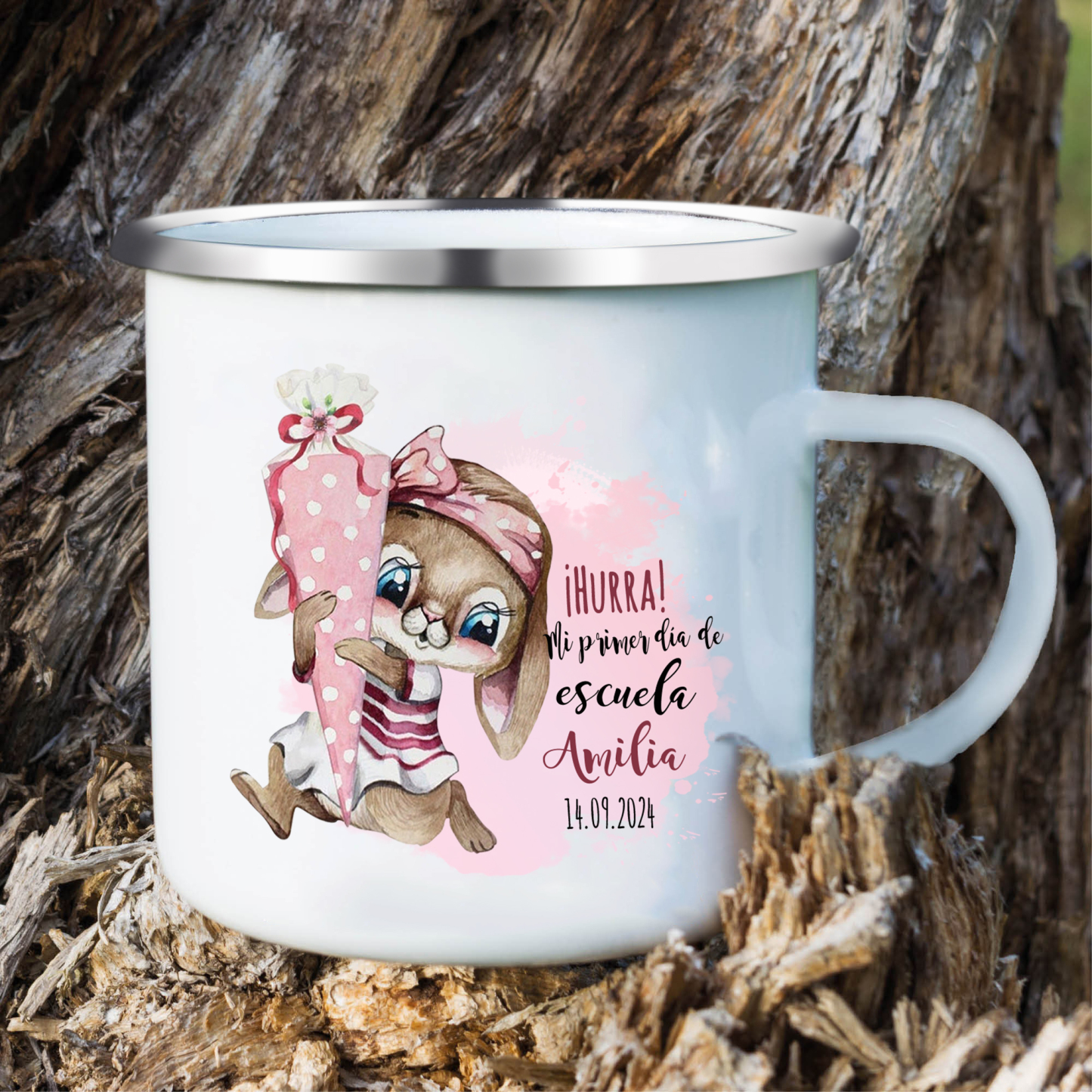 Vuelta al cole-Taza para niños "conejita" con 1 nombre y fecha personalizados