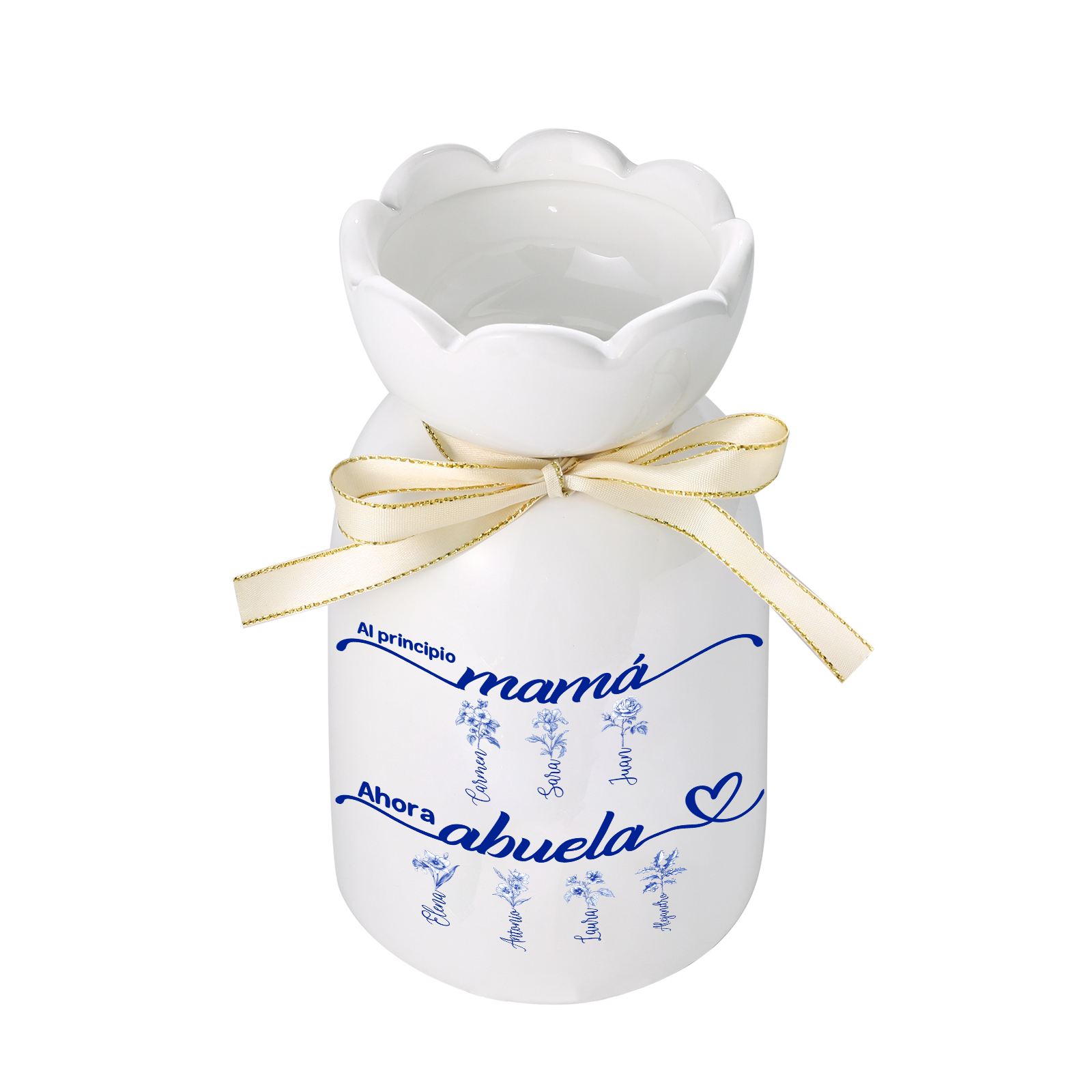 Florero de cerámica con una cinta dorada y motivos florales azules, para mamá y la abuela